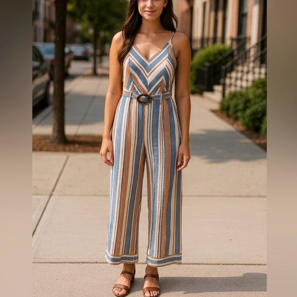 Monteau Multicolor Linen Jumpsuit Halter w/ Belt Wide Leg Crop Size Extra Small - Picture 1 of 12